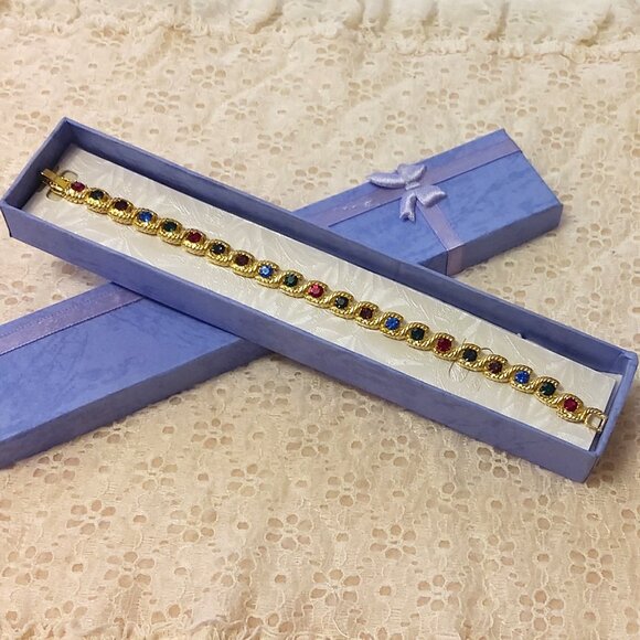 NEW EMMA JAMES Red Blue Green Crystals Gold Plated Bracelet - Picture 8 of 8